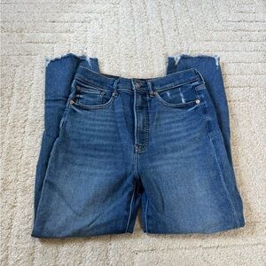 Express Women's Dark Blue Skinny Jeans with Frayed Hem